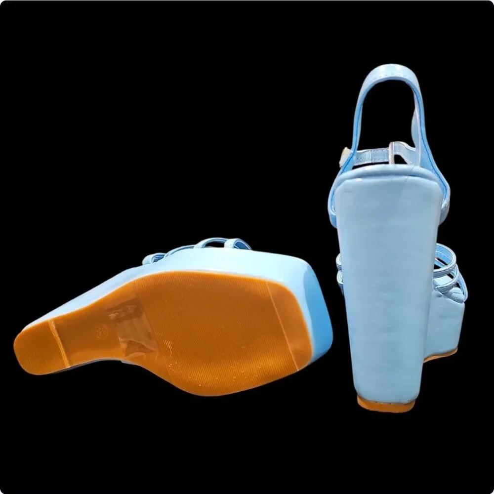 Pastel Blue Strappy Platform Wedge Sandals With Ankle Strap - Picture 4 of 4